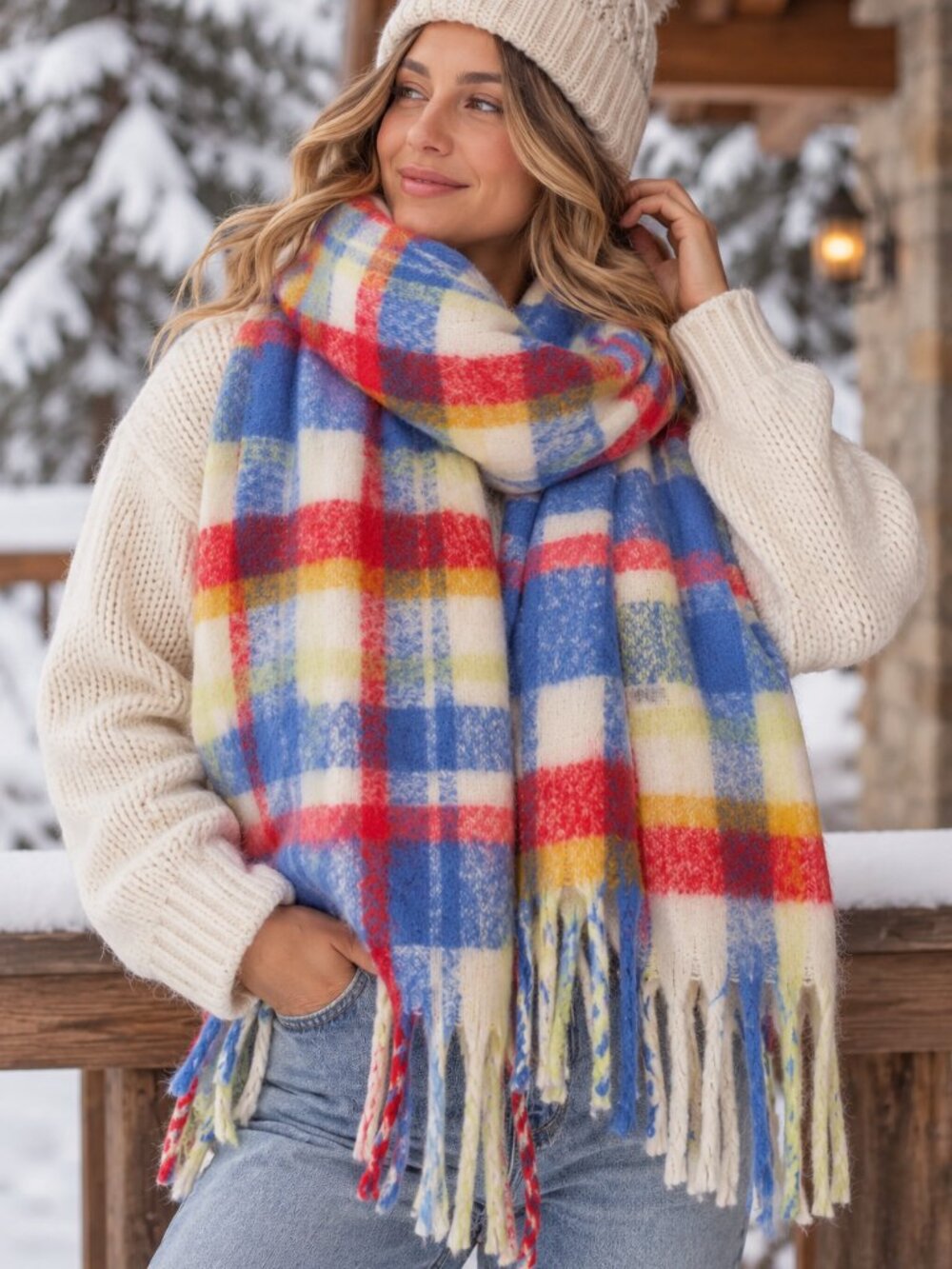 679 - Aerie Oversized Plaid Blanket Scarf Blue Red Fringe Cozy
